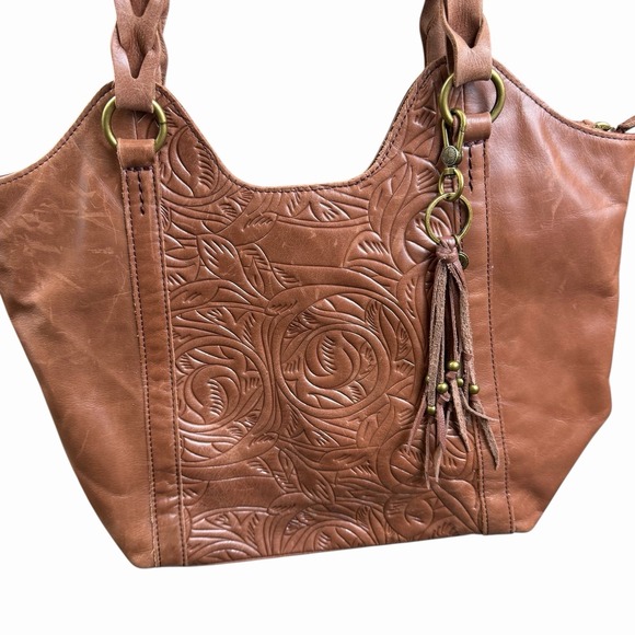 The SAK Embossed Sierra Leather Tote Shoulder Hobo Handbag Boho Fringe Indie - Picture 3 of 9